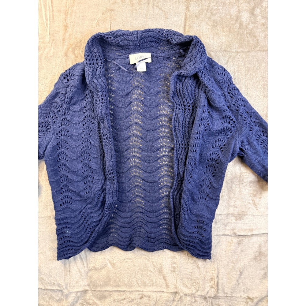 Loft Womens XS Blue Pointelle Knit Cardigan Scalloped Shrug Coquette Romantic